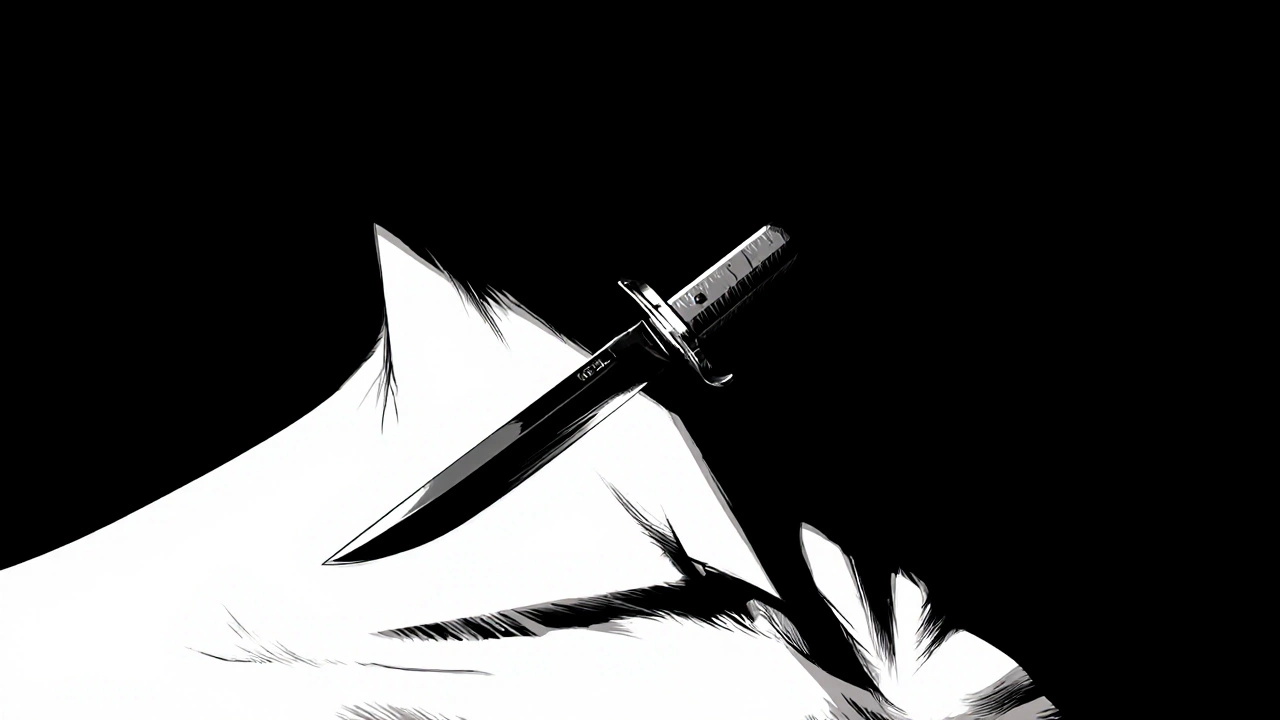 Близкий план ножа, пронзающего шею, с ярким контрастом света.