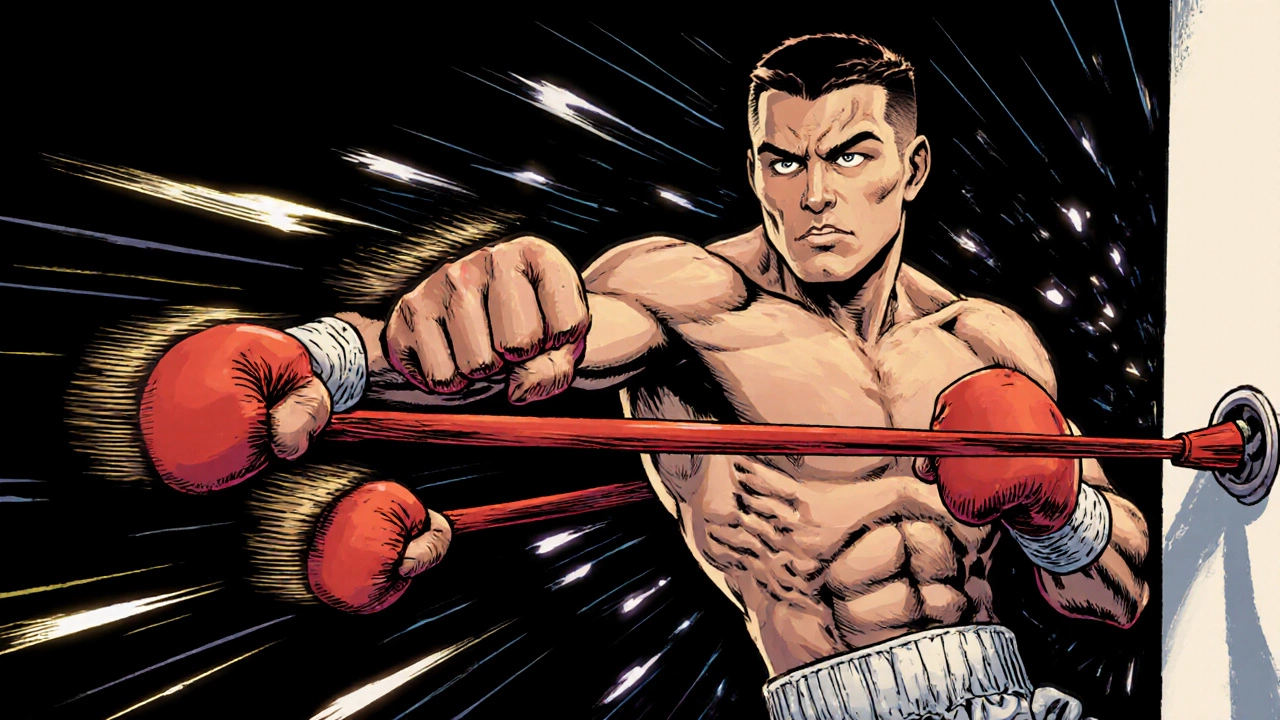 Боксёр наносит три быстрых удара с резиновой лентой, создающей сопротивление, в динамичной композиции.