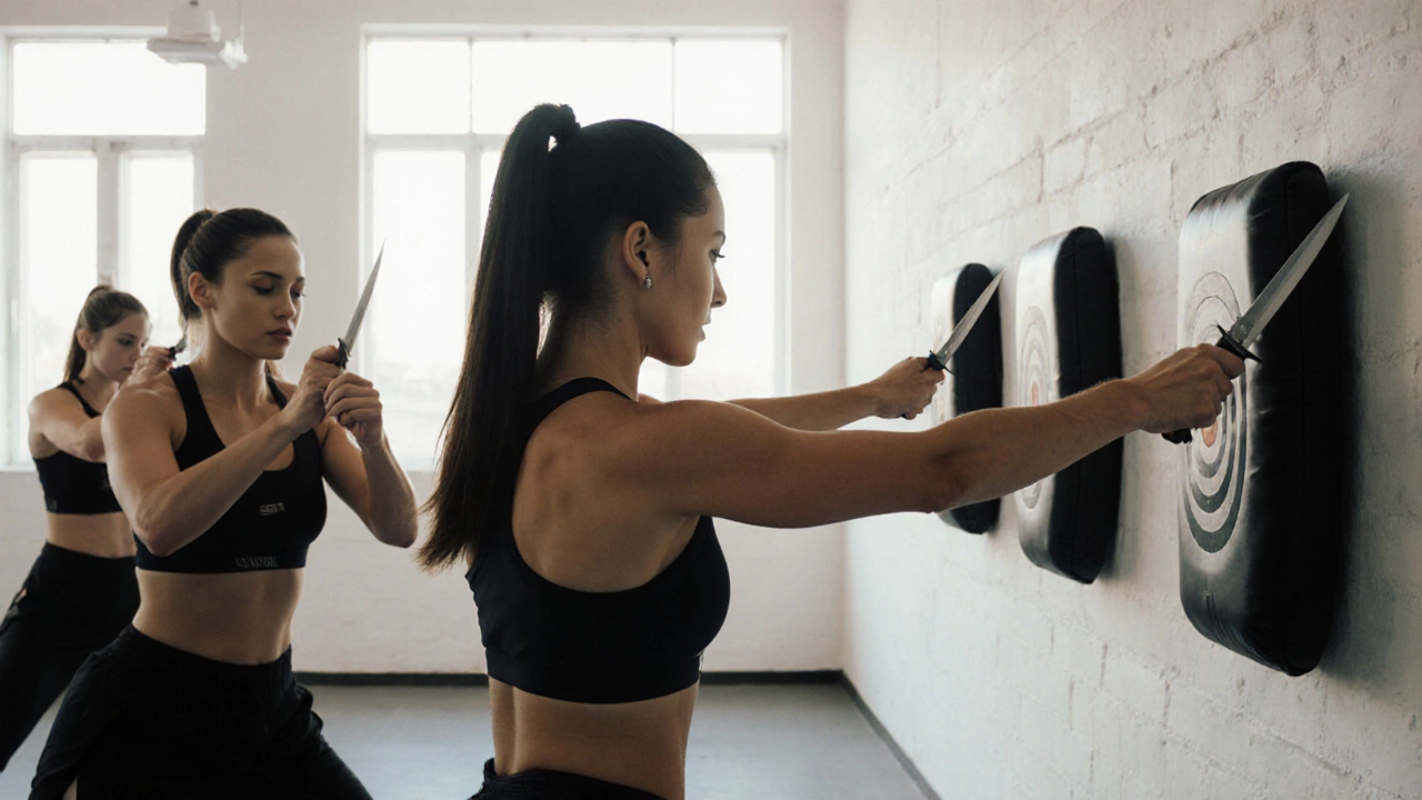 Группа женщин тренирует удары ножом на тренировочных мишенях.