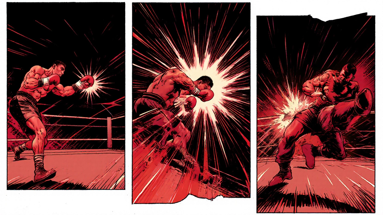 Комикс-сцена: удар боксёра в движении — от начала до удара и падения соперника, с эффектами скорости и силы.