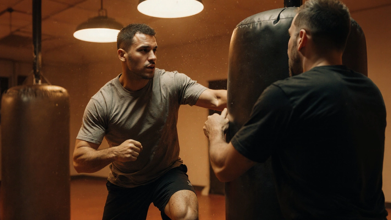 Новичок практикует быстрый удар коленом в стиле крав‑мага под наблюдением инструктора.