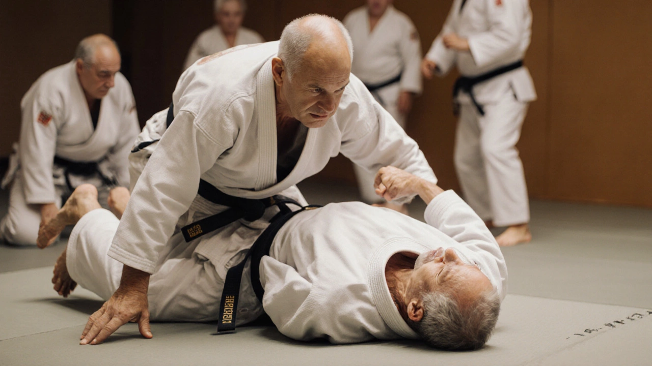 Пары в возрасте учатся безопасным броскам дзюдо на мягких ковриках, акцент на контроле и балансе.