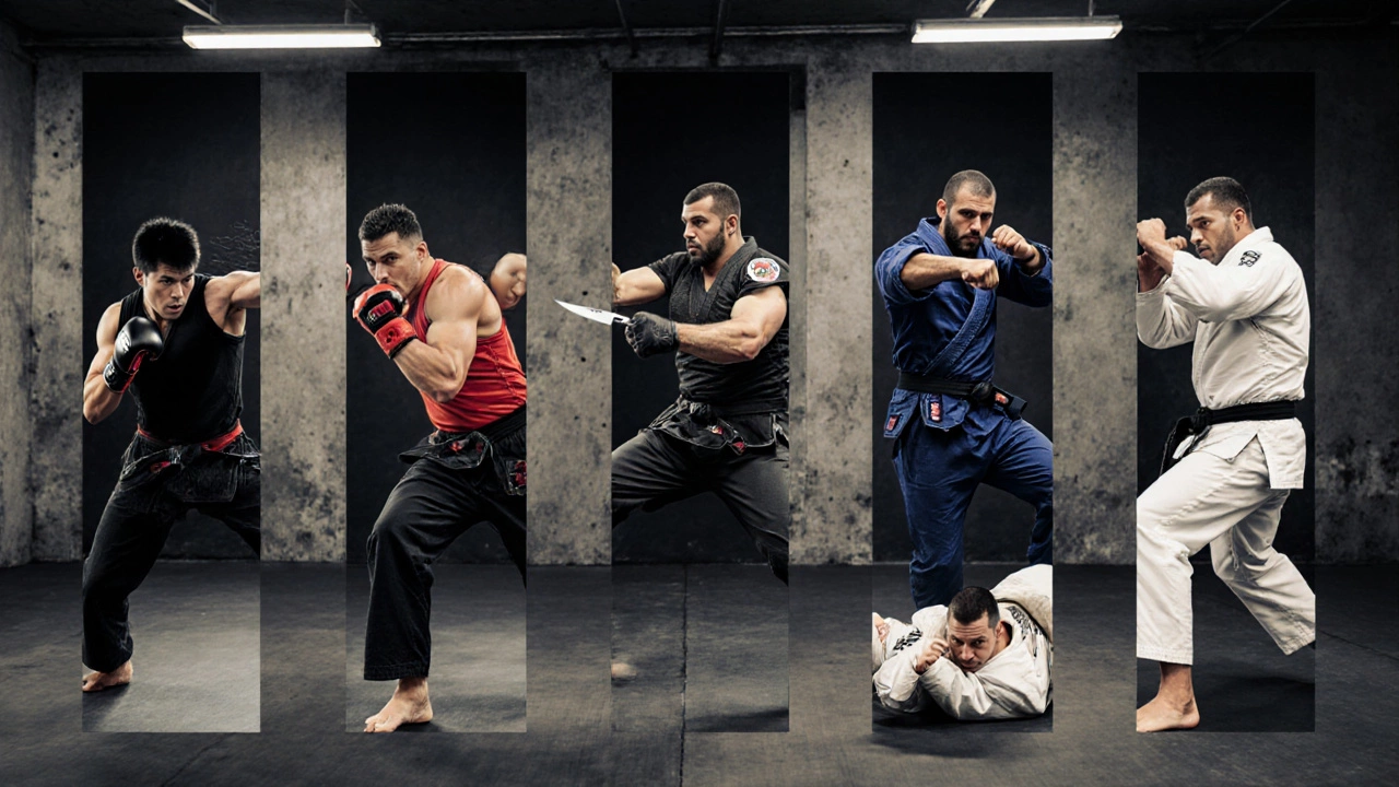 Пять бойцов демонстрируют основные удары разных боевых стилей в одном кадре.