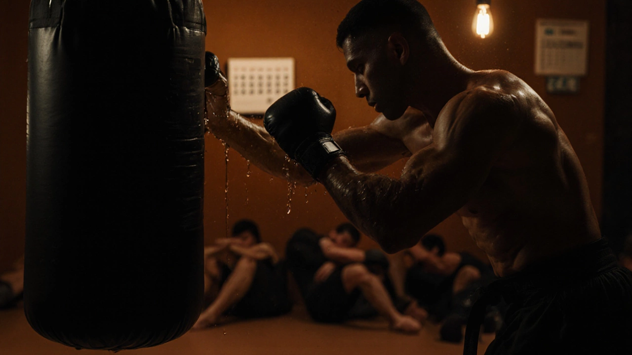 Руки бойца наносят удары по мешку в тусклом зале, на стене календарь с 365 отмеченными днями.