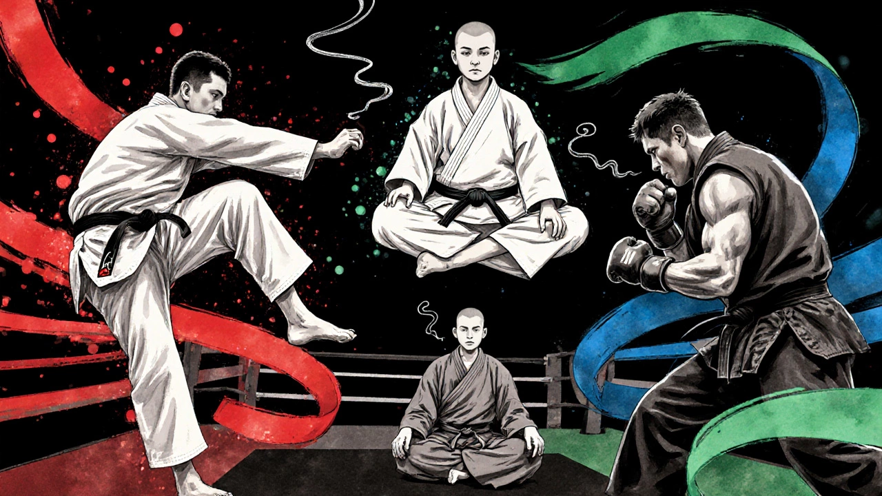 Сцена, объединяющая дзюдо, каратэ, кунг‑фу и бокс, показывающая их характерные позы и символы дисциплины.