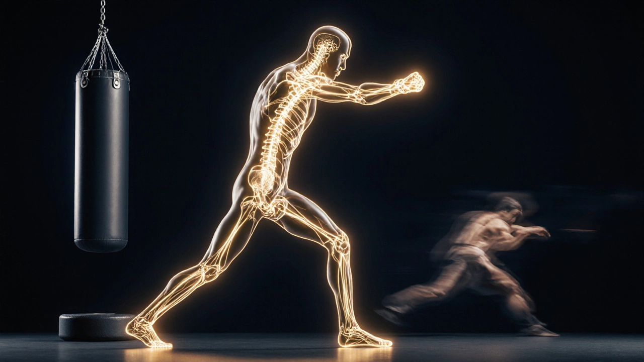 Схема тела как механизма: энергия течёт от стоп до кулака, символизируя единство скорости и силы в боксе.