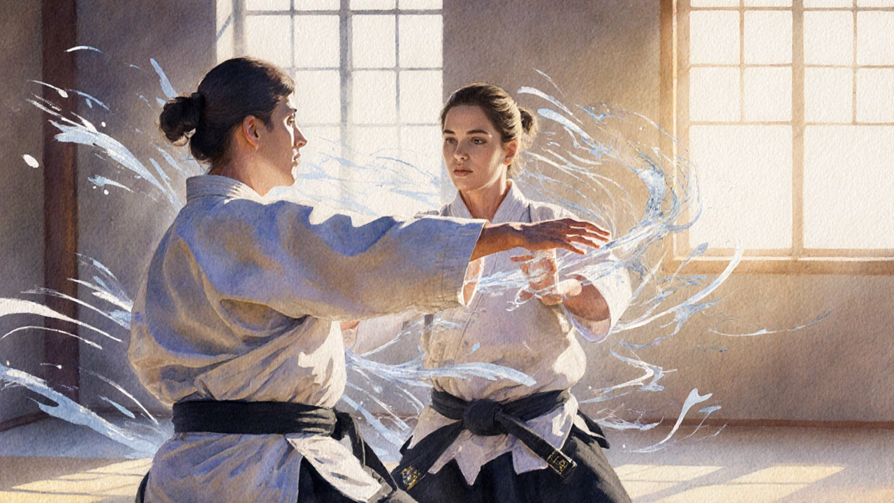 Женщина в возрасте практикует айкидо, её движения плавны и гармоничны, передаётся ощущение спокойствия и внутренней силы.