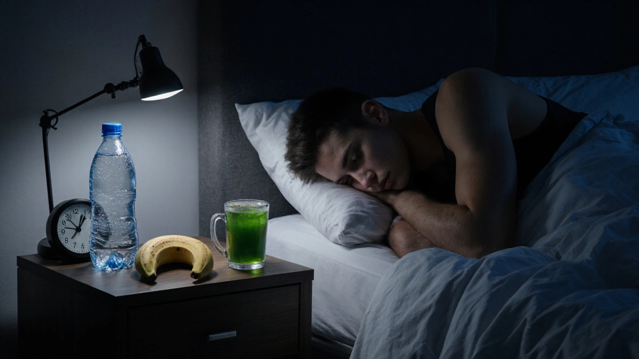 Атлет отдыхает в кровати с чаем, бананом и водой — сон как ключ к энергии.