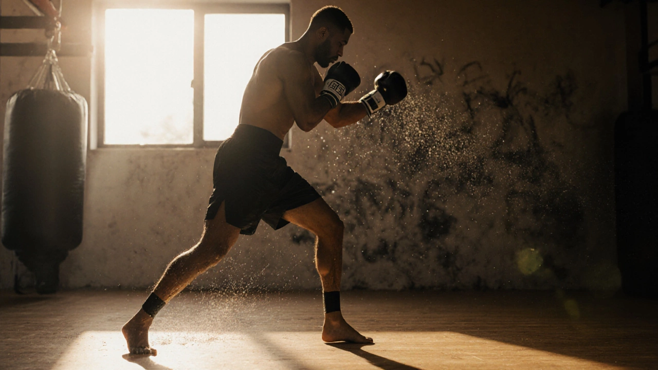 Боксер тренируется с легкими гантелями, фокус на скорости, утренний свет, замедленное движение.