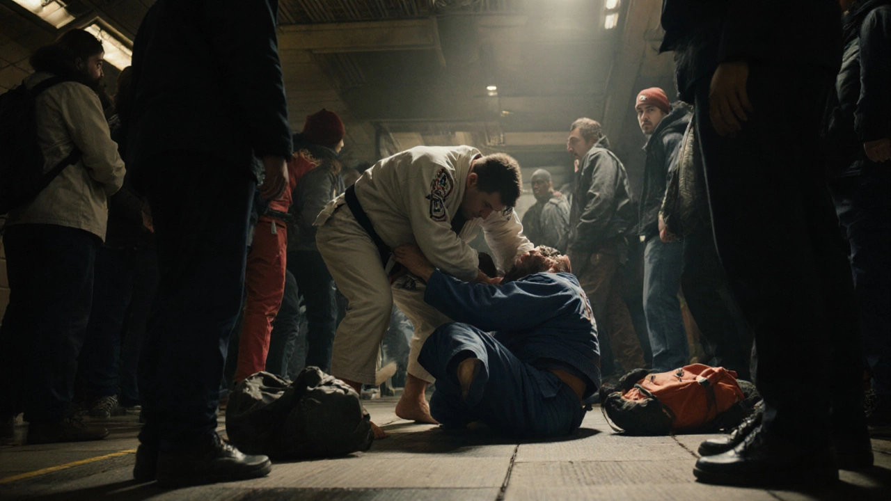 Бразильское джиу-джитсу на полу метро: один человек контролирует более крупного противника.