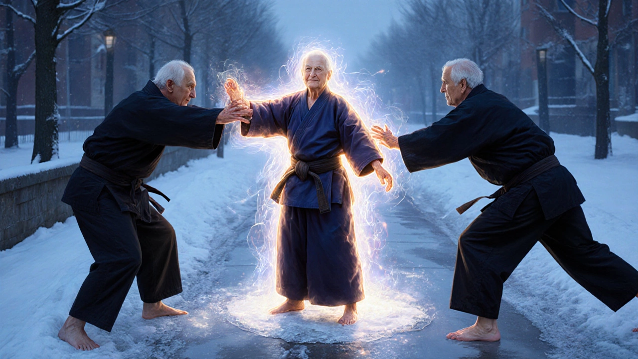 Человек использует энергию противника, как в айкидо, на ледяной дороге, символически перенаправляя силу.