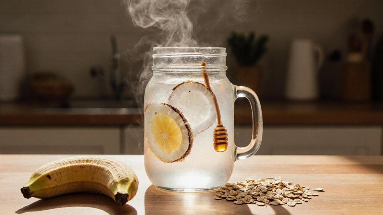 Домашний электролитный напиток из кокосовой воды, мёда и лимона с бананом и овсянкой.