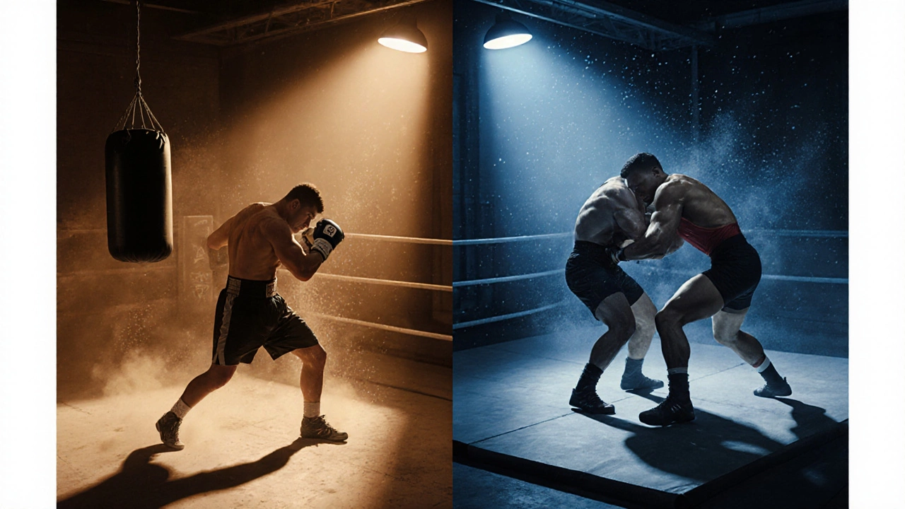Два тренировочных сценария: боксёр и борец в разных залах, разделённые светом.