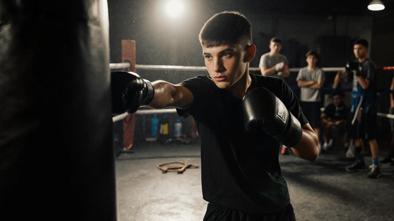 Подросток в зале наносит удар по тяжёлому мешку, сосредоточенное выражение лица.