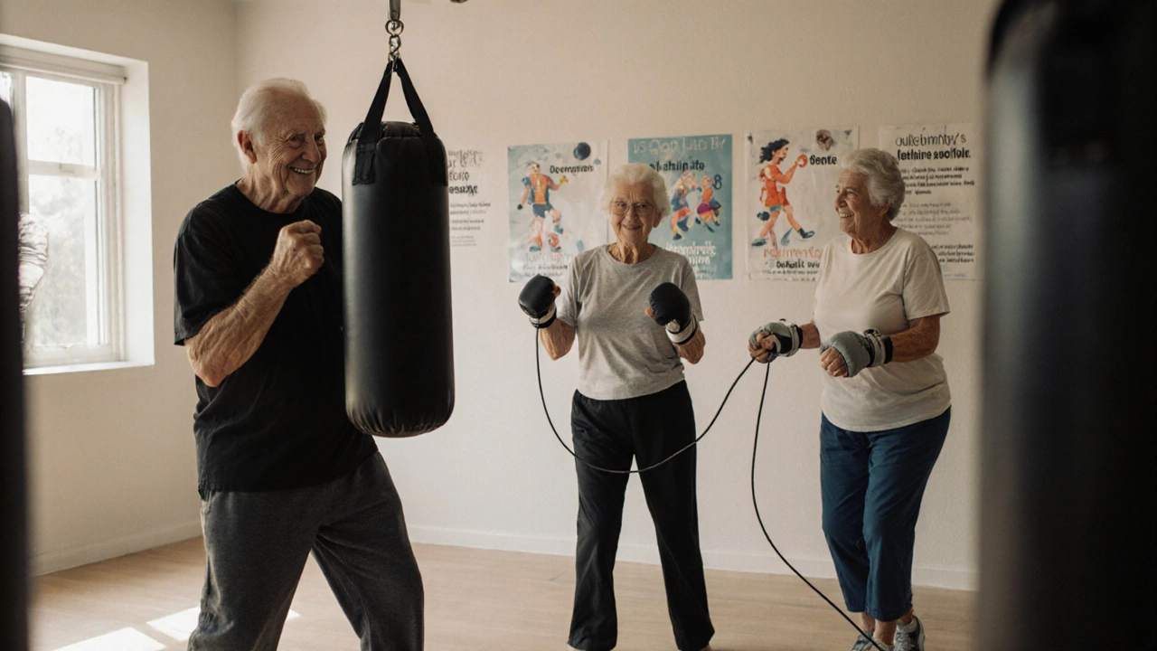 Пожилые люди занимаются боксом для здоровья: бьют мешок, прыгают через скакалку, не в боях.