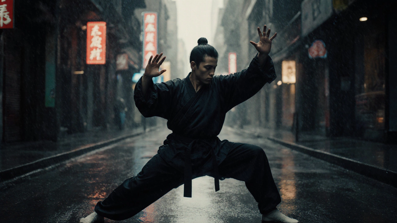 Практик кунг-фу в узком коридоре перенаправляет силу нападающего с грацией и точностью.