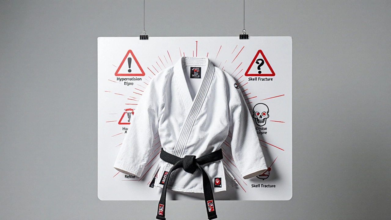 Разорванная дзюдо-форма на фоне медицинских предупреждений о противопоказаниях.