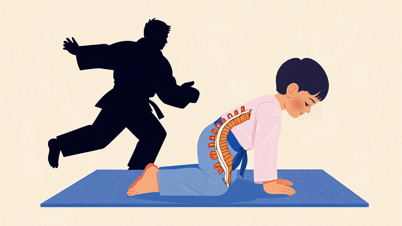 Ребёнок с сколиозом занимается растяжкой, за ним — тень броска дзюдо.