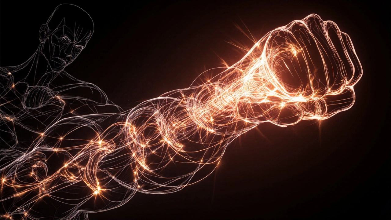 Схема кинетической цепи удара: от стопы через бедра и спину к кулаку с энергетическими следами.