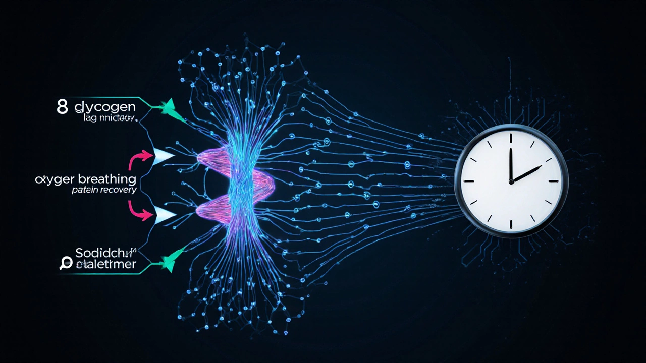 Схематичное изображение мышечной клетки с процессами восстановления и энергии.