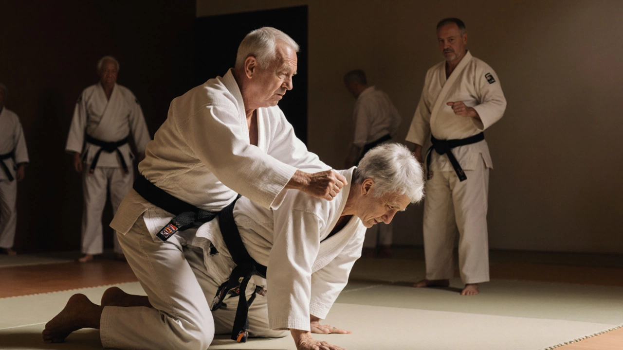 Среднего возраста пара тренируется в дзюдо на мягком мате, акцент на контроле и балансе.