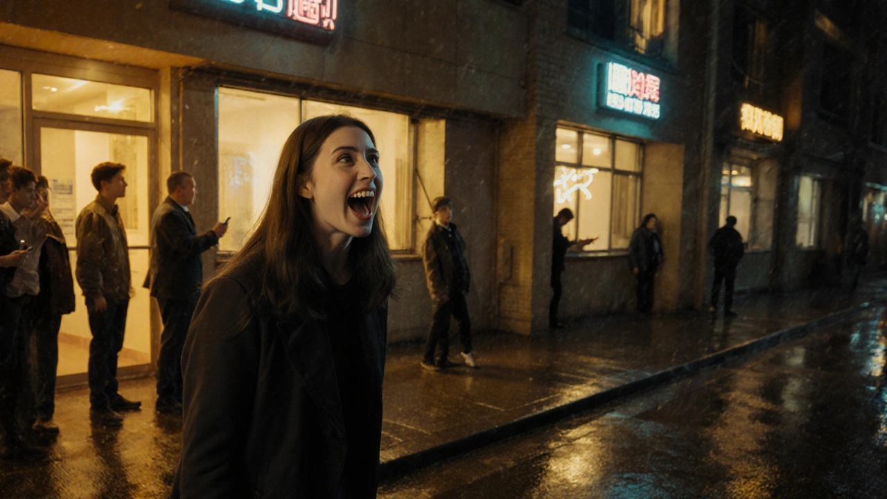 Женщина кричит «Пожар!» у подъезда, соседи выглядывают из окон, свет из квартир освещает сцену.