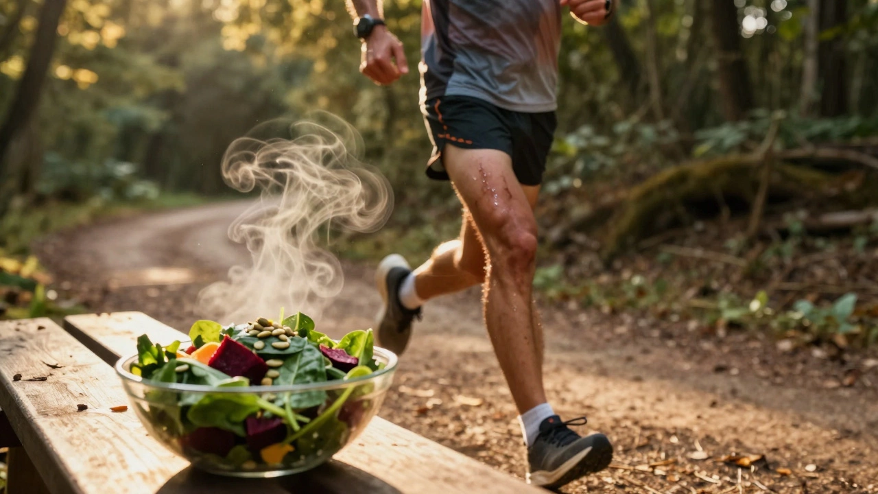Бегун на тропе в закате, спокойно дышит, на скамейке — салат из шпината и семечек.