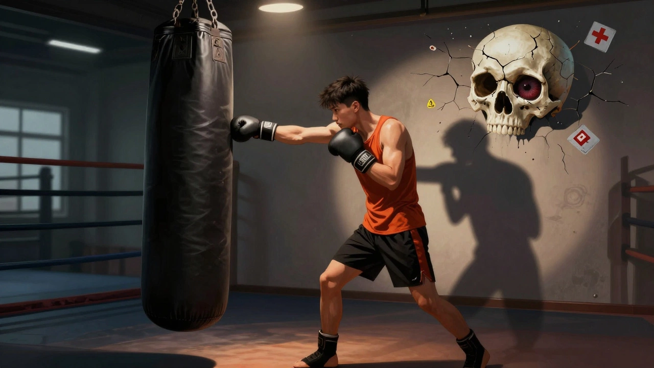 Боксер с тенью, превращающейся в поврежденный мозг и сетчатку