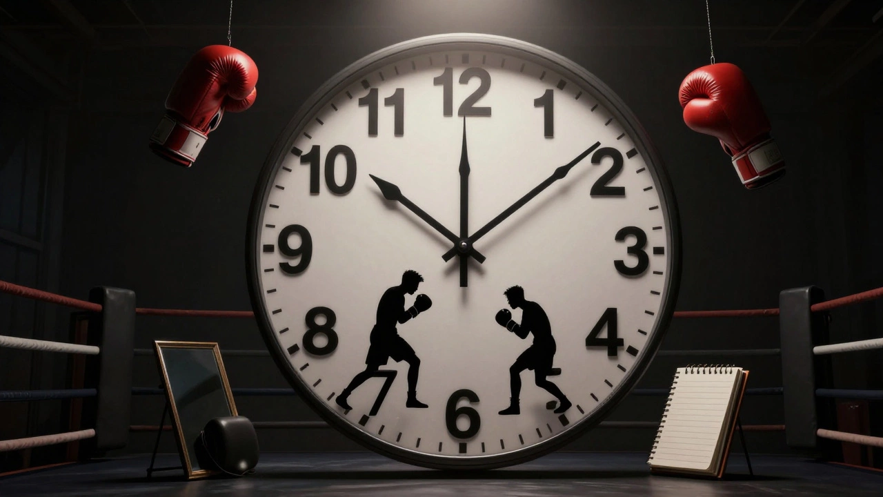 Часы с вехами прогресса в боксе: 3, 6 и 12 месяцев, символизирующие превращение новичка в боксёра.