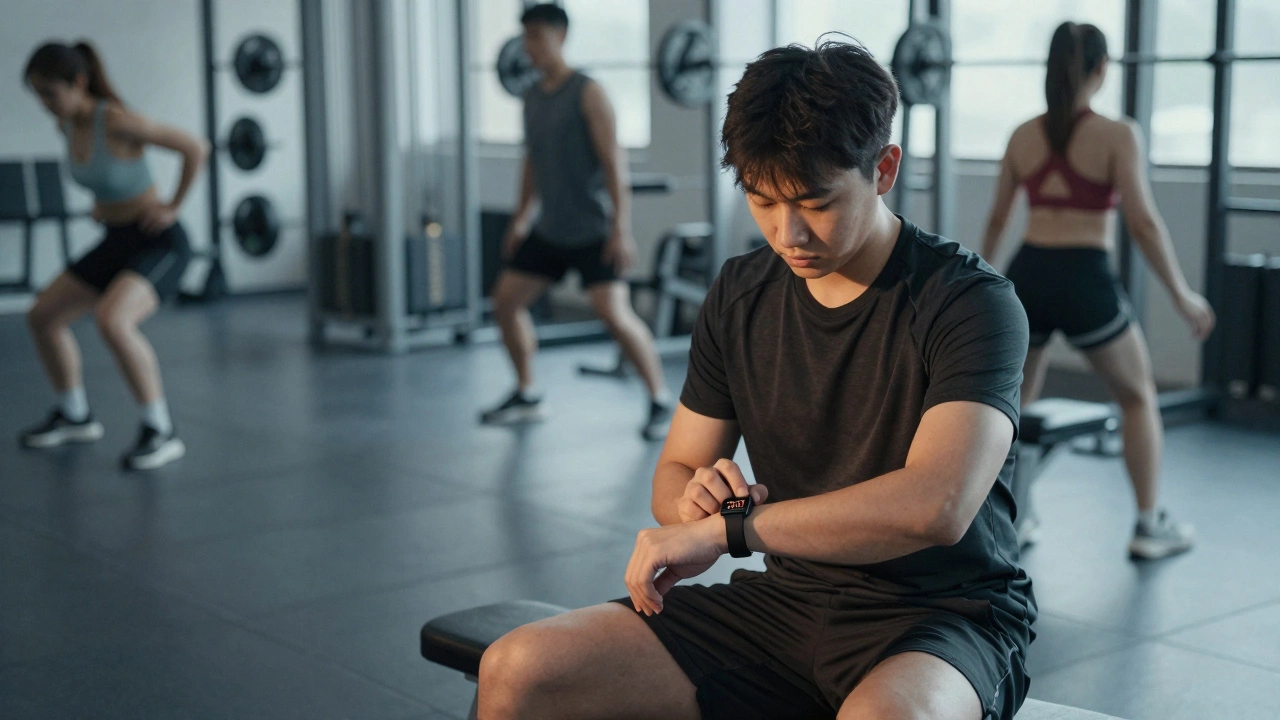Человек на скамейке в зале, без эмоций, вокруг — другие тренируются, но он отстранён.