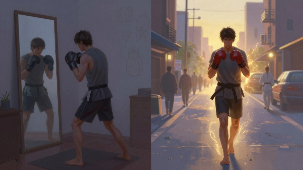 Человек тренируется дома и становится увереннее в повседневной жизни.