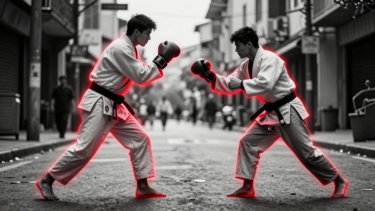 Два силуэта: боксёр и дзюдоист — символы дистанции и баланса в реальной защите.