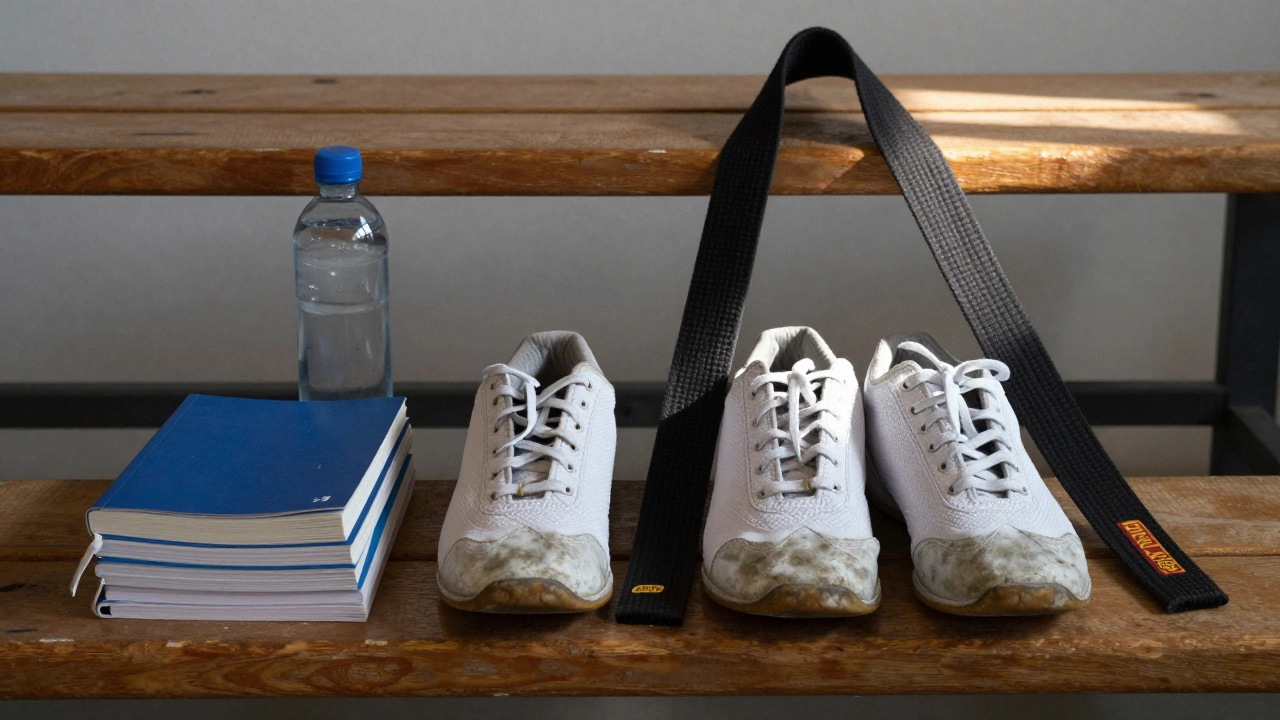 Изношенные карате-туфли и чёрный пояс лежат на скамье рядом с тренировочными записями.