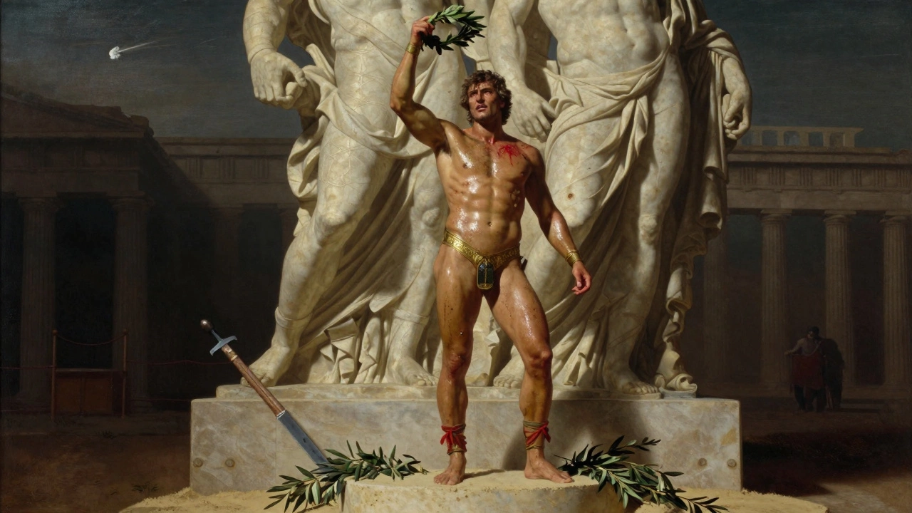 Милон из Кротона стоит на пьедестале с лавровым венком, за ним статуя Зевса, позади — разбитые оружия и оливковые ветви.