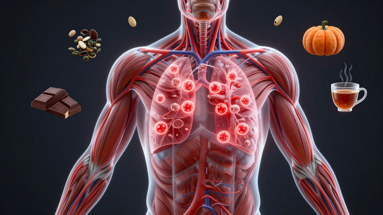 Прозрачное тело с потоком кислорода по сосудам, вокруг — продукты для выносливости.