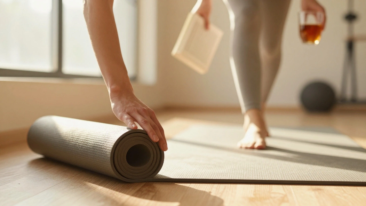 Рука касается йога-мата, человек уходит с книгой и чашкой чая, солнечный свет, покой.