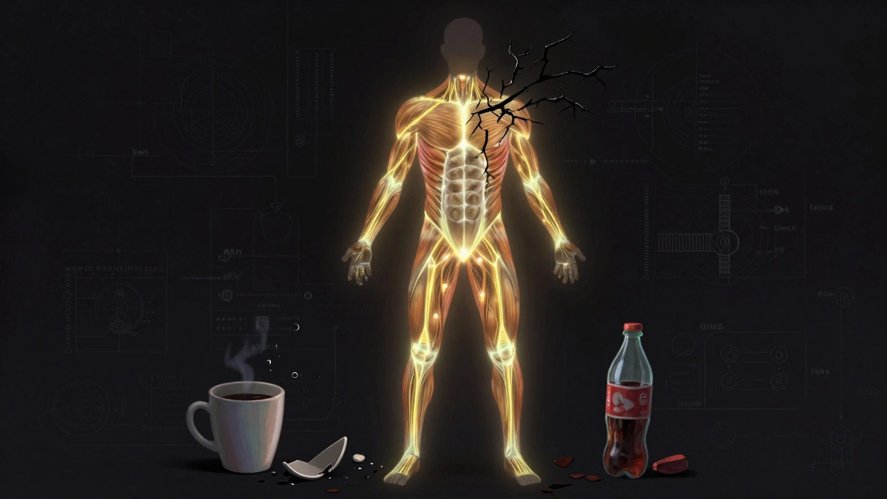 Силуэт человека с внутренними потоками энергии, разбитые напитки у ног.
