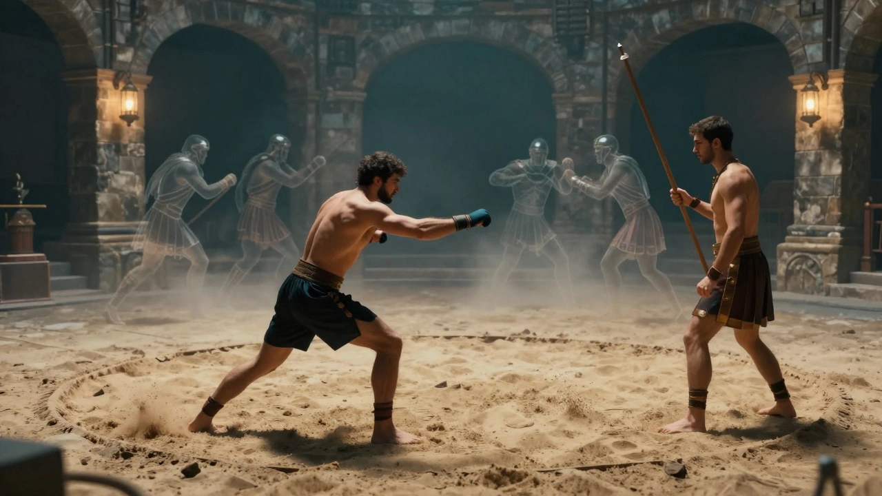 Современный боец тренируется на песке в русском дворе, без защитного снаряжения, в тумане видны силуэты древних греков.