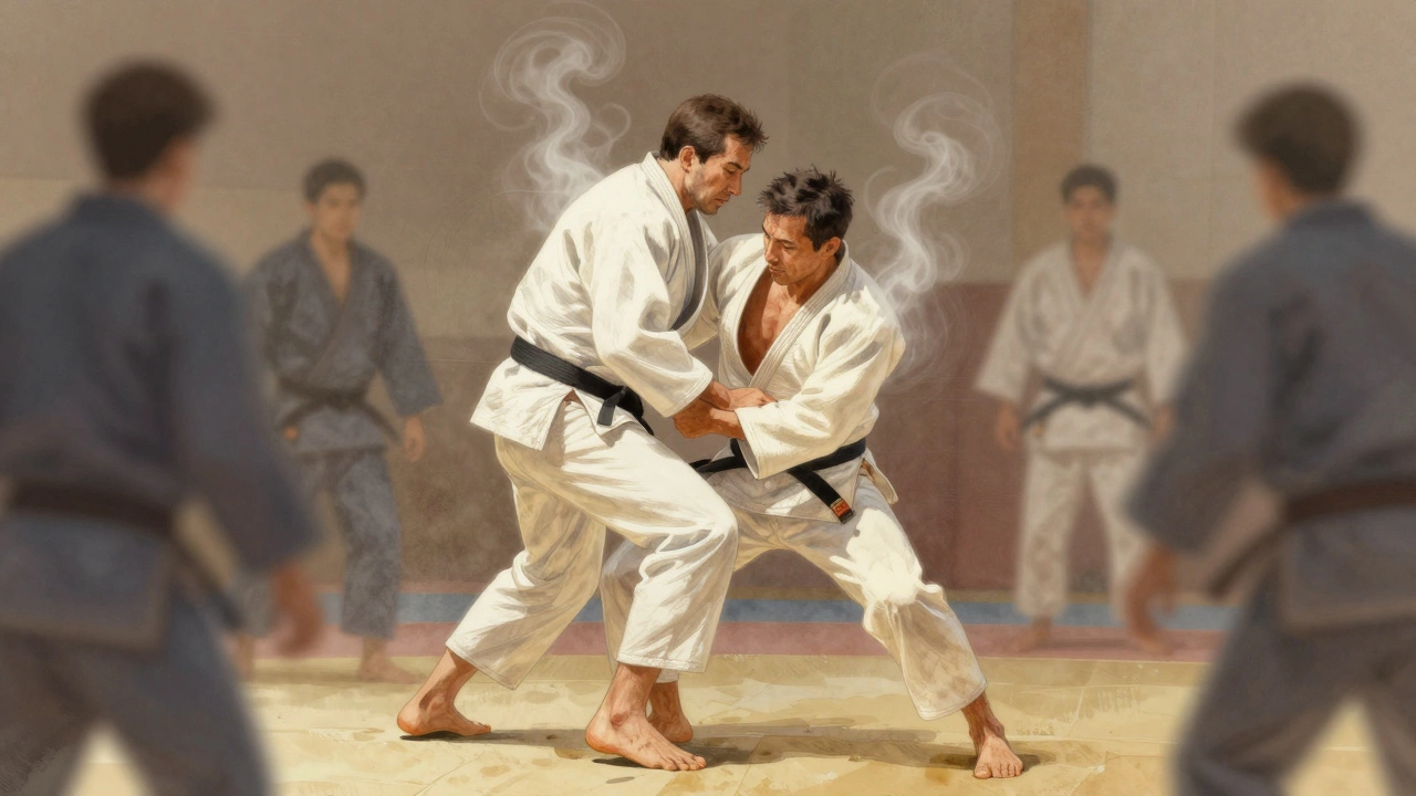 Средний возрастной борец в движении, окружённый светом, символизирующим внутреннюю силу.