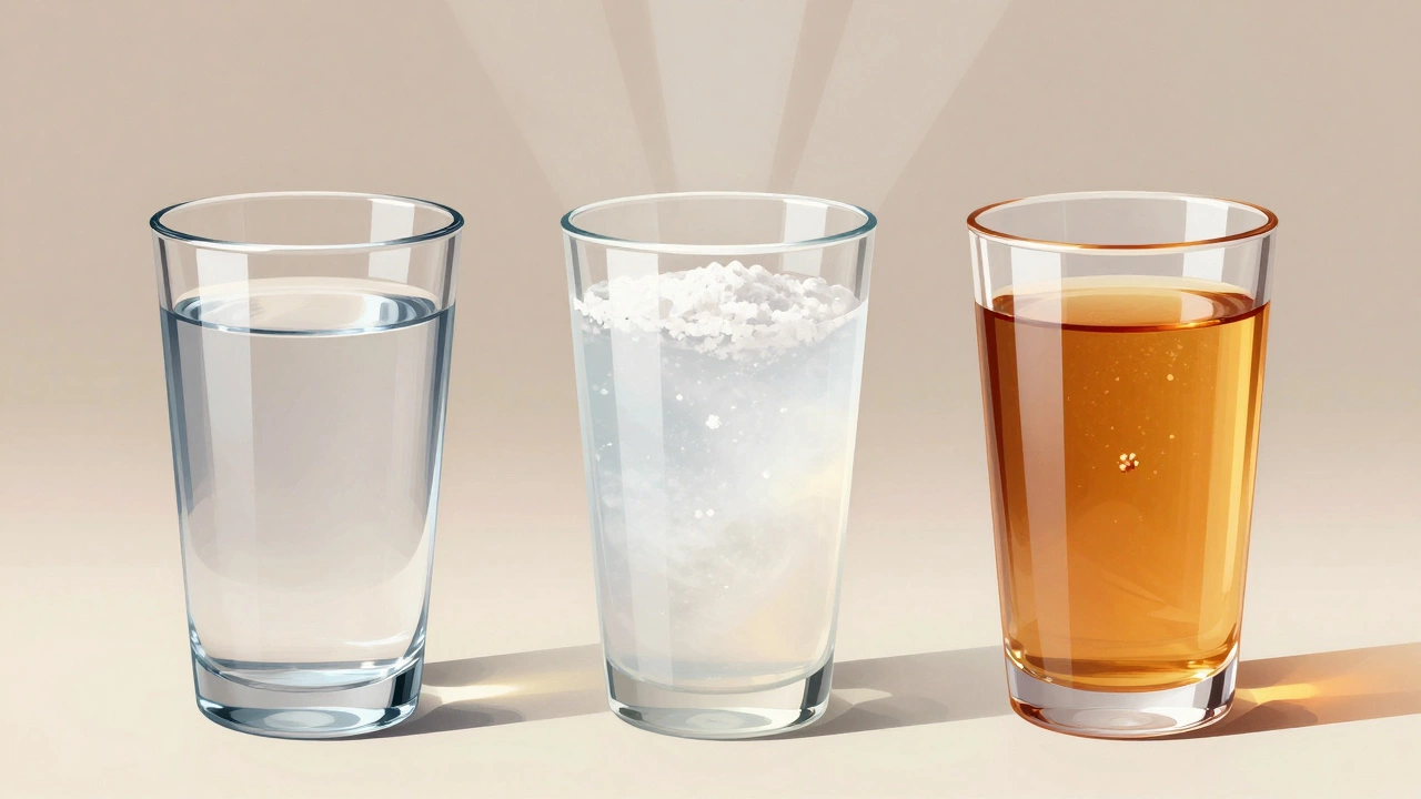 Три стакана: вода, кокосовая вода с солью и медовый напиток — сравнение гидратации.
