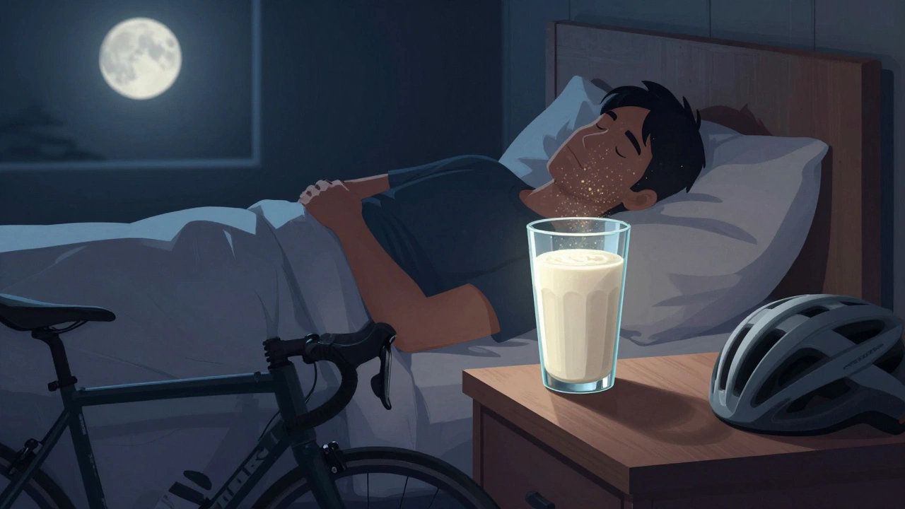 Велосипедист спит, рядом — казеиновый коктейль в ночном свете.