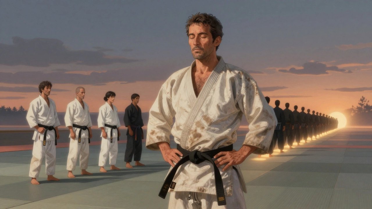 Взрослый мужчина медитирует в до-дзё, за ним — путь от белого до чёрного пояса и далее к десяти данам.