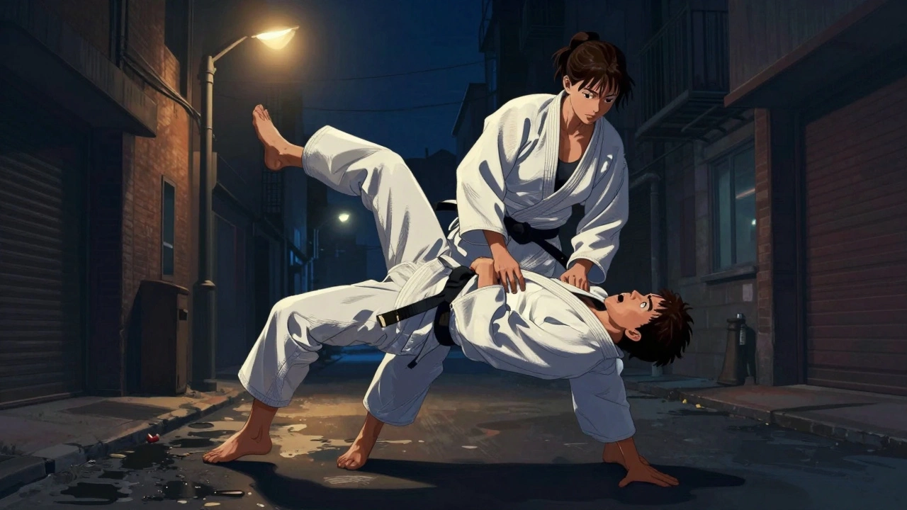 Женщина использует дзюдо, чтобы бросить нападающего в тёмном переулке.