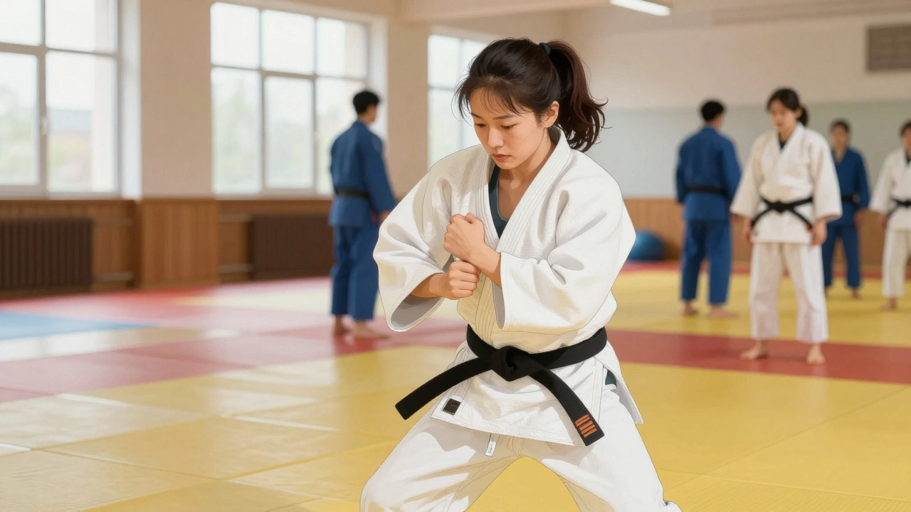 Женщина использует дзюдо для освобождения от захвата за воротник, спокойная и техничная.