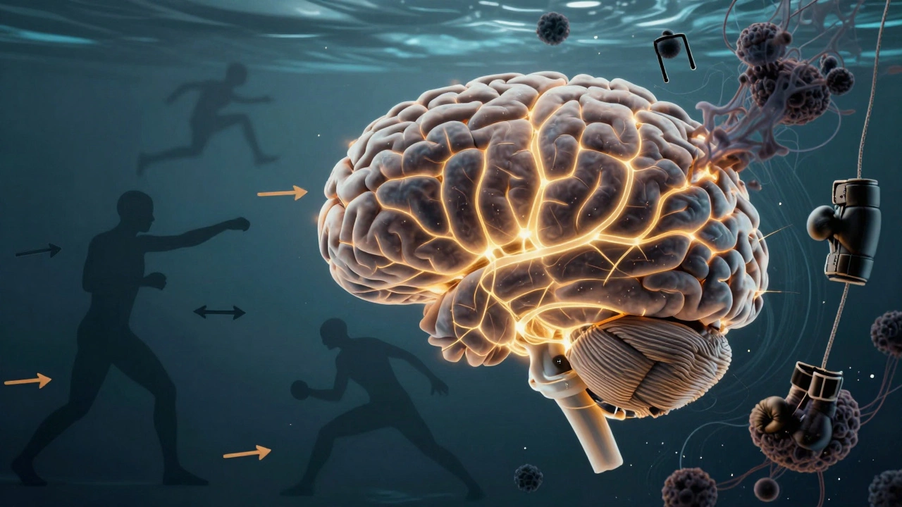 Абстрактное изображение мозга с накоплением вредного белка, окруженное символами безопасного бокса.