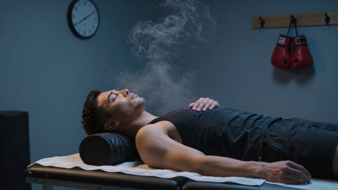 Боксёр восстанавливается после тренировки, используя роллер и отдыхая.