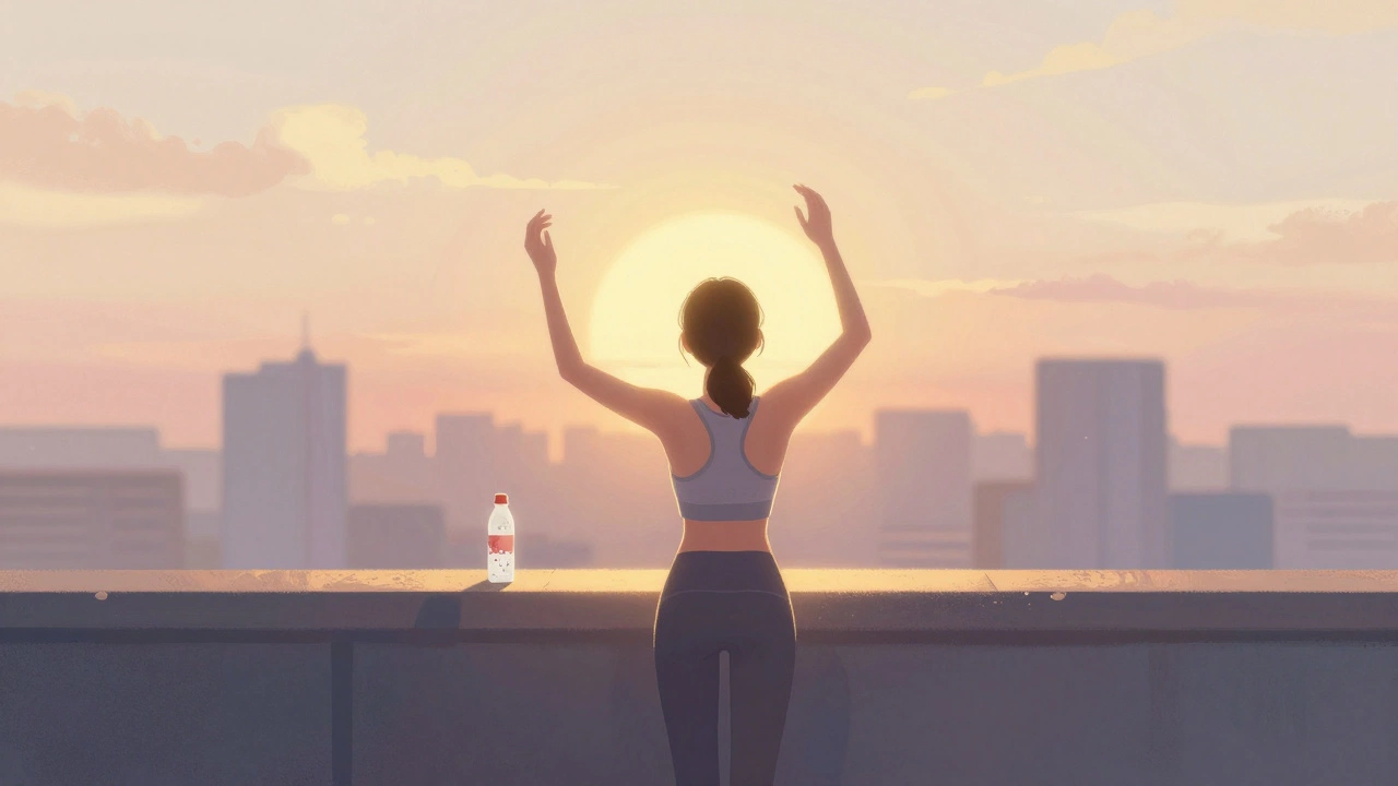 Человек стоит на балконе на рассвете, обращённый к солнцу, в спортивной одежде.