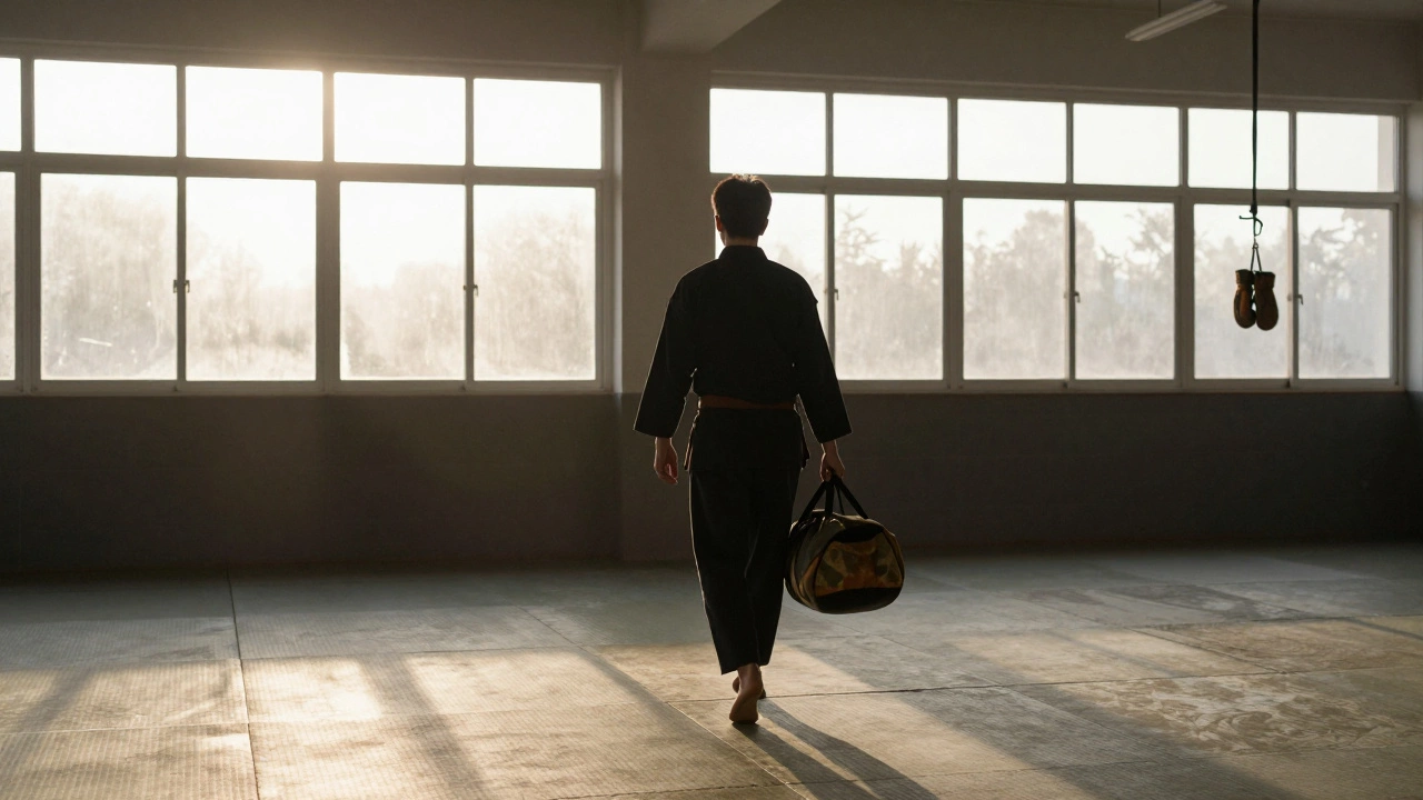 Человек входит в зал боевых искусств на рассвете, рядом висят перчатки на крючке.