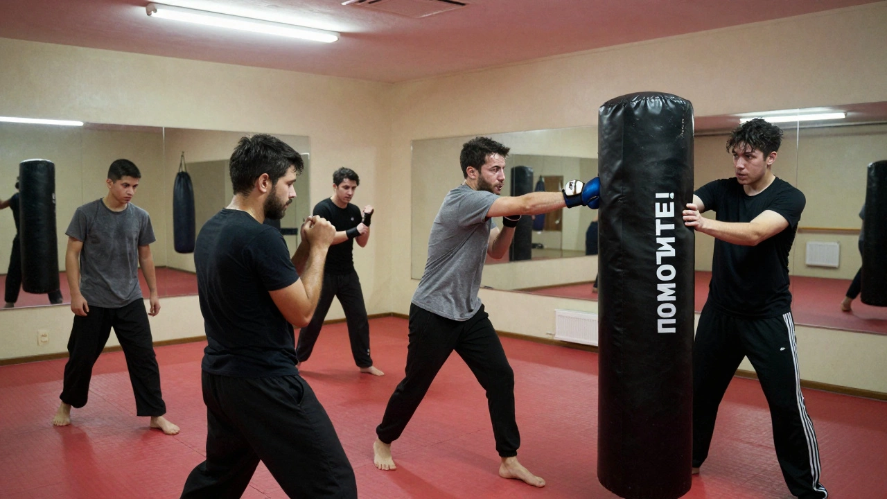 Группа новичков тренирует крав-магу в зале: один вырывается из захвата, другой бьет локтем, все в обычной одежде.