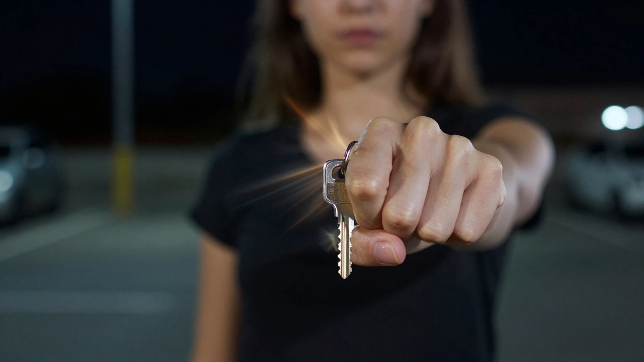 Кулак с ключом между пальцами на фоне ночного парковочного пространства.